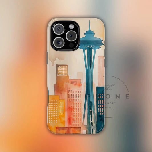 Cityscape Tough Phone Case, Seattle Skyline Phone Cover, Watercolor Art Design, Compatible with iPhone, Galaxy & Google