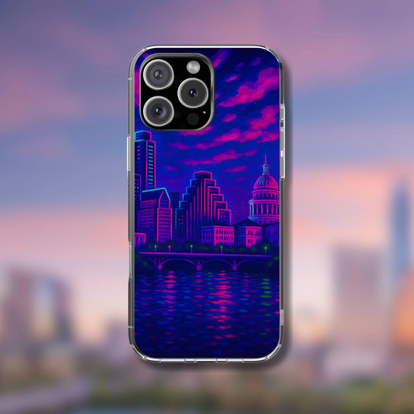Cityscape Tough Phone Case, Austin Texas Skyline Phone Cover, Neon Night Design Compatible with iPhone, Galaxy & Google