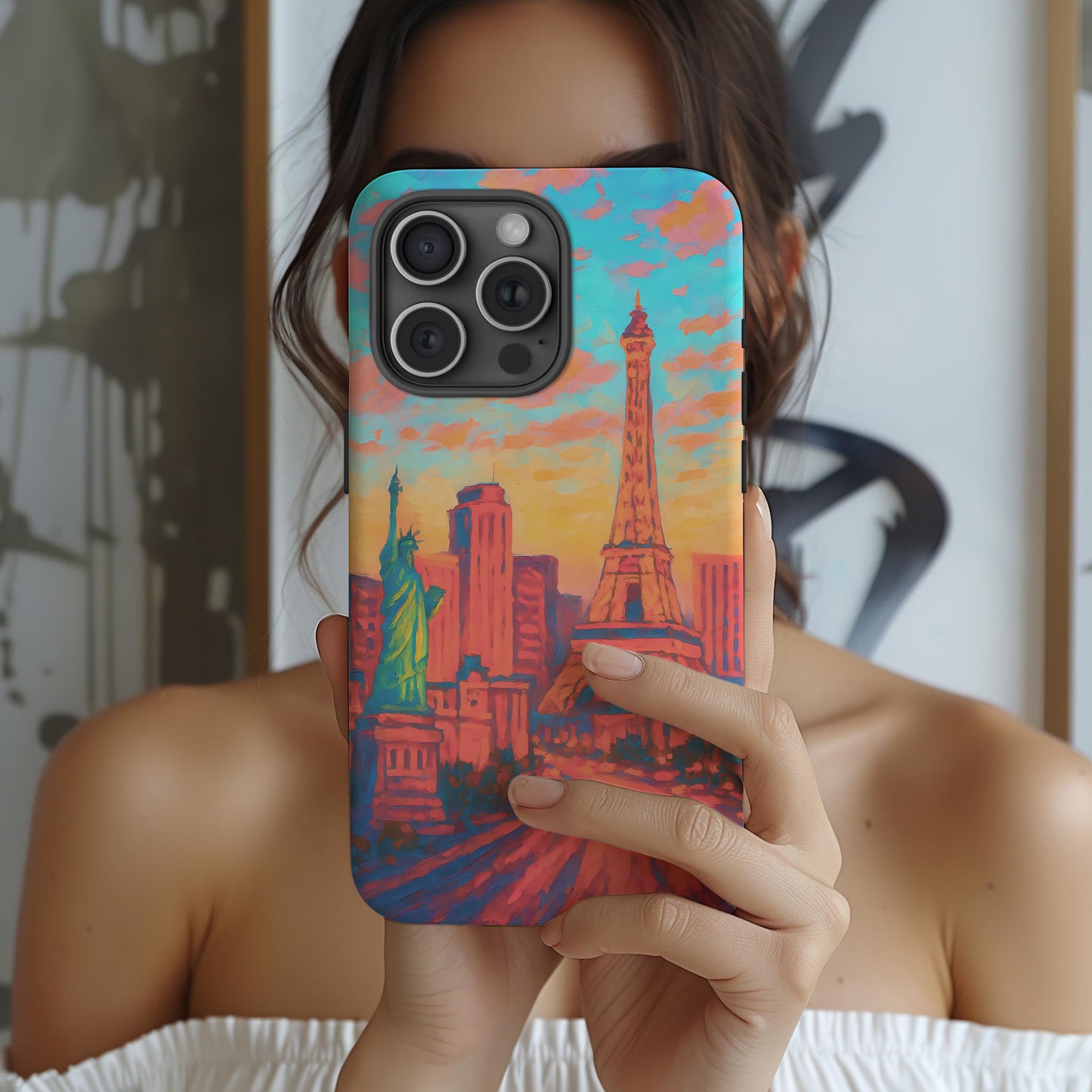 Cityscape Tough Phone Case, Las Vegas Strip Skyline Phone Cover Watercolor Art Design, Compatible with iPhone, Galaxy & Google