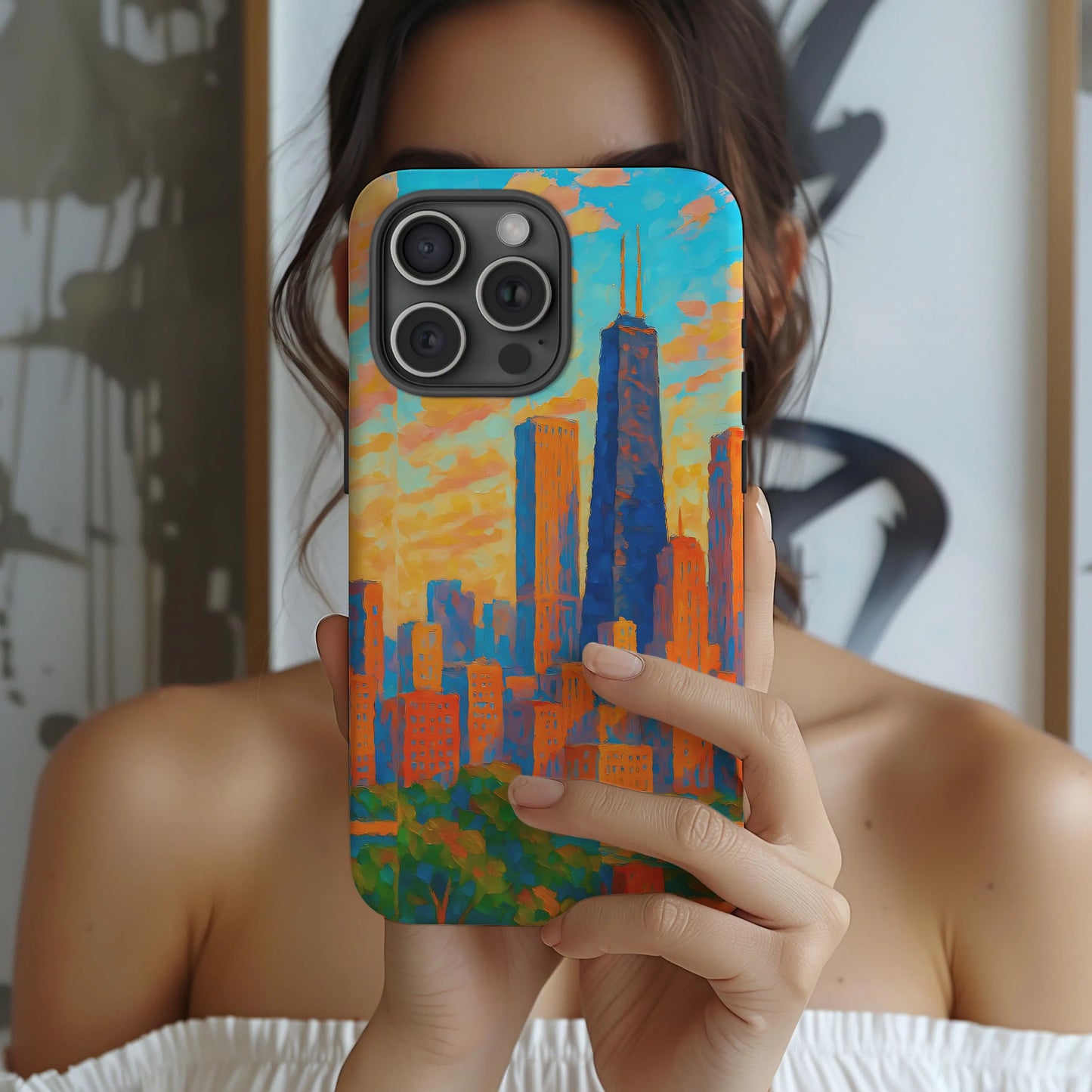 Cityscape Tough Phone Case, Chicago Skyline Phone Cover, Sunset Glow Design Compatible with iPhone, Galaxy & Google