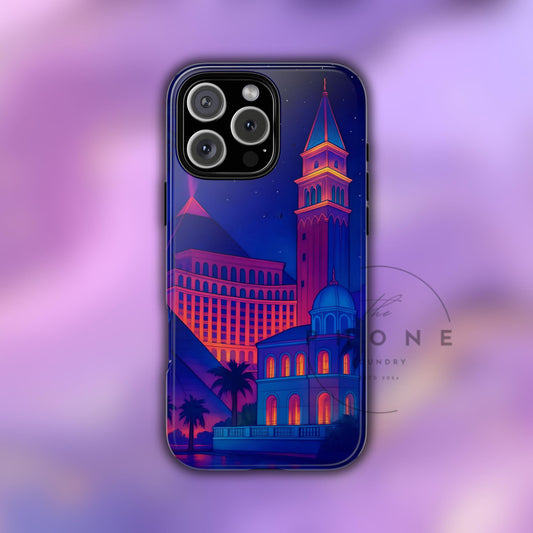 Cityscape Tough Phone Case, Las Vegas Strip Skyline Phone Cover, Neon Night Design, Compatible with iPhone, Galaxy & Google
