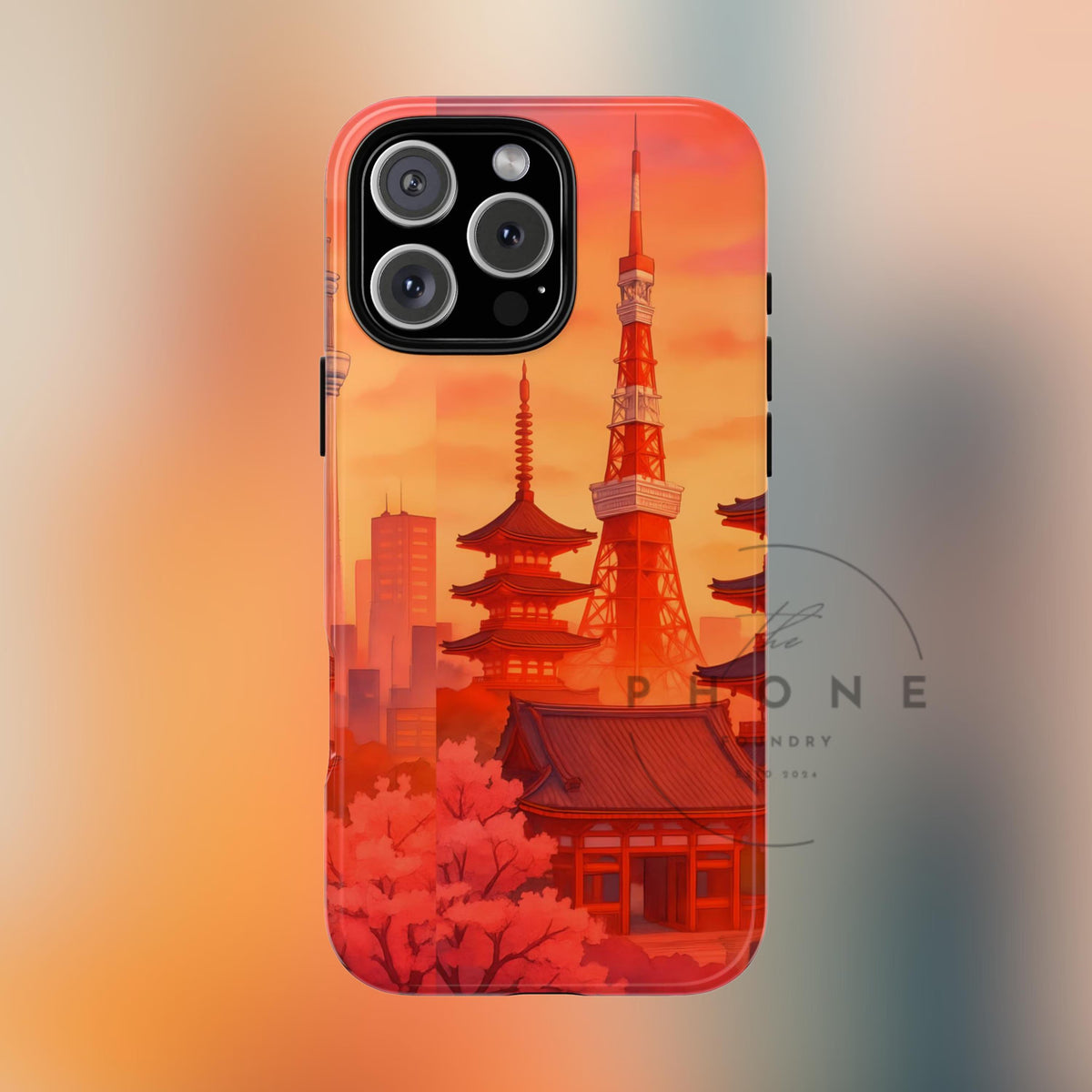 Cityscape Tough Phone Case, Tokyo Skyline Phone Cover, Watercolor Design Compatible with iPhone, Galaxy & Google