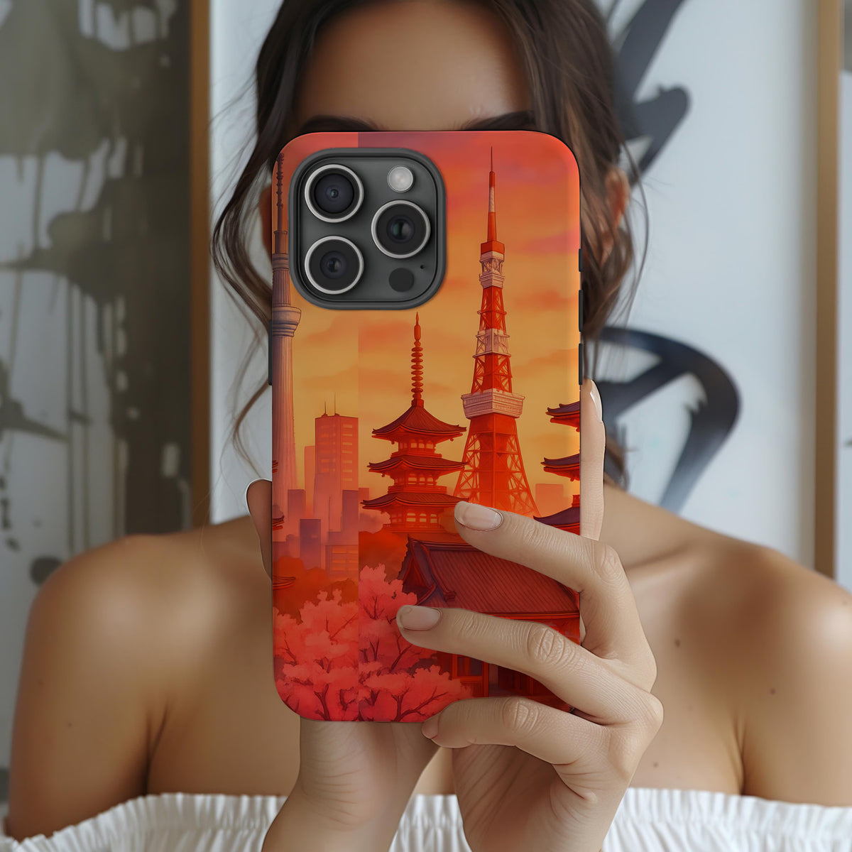 Cityscape Tough Phone Case, Tokyo Skyline Phone Cover, Watercolor Design Compatible with iPhone, Galaxy & Google