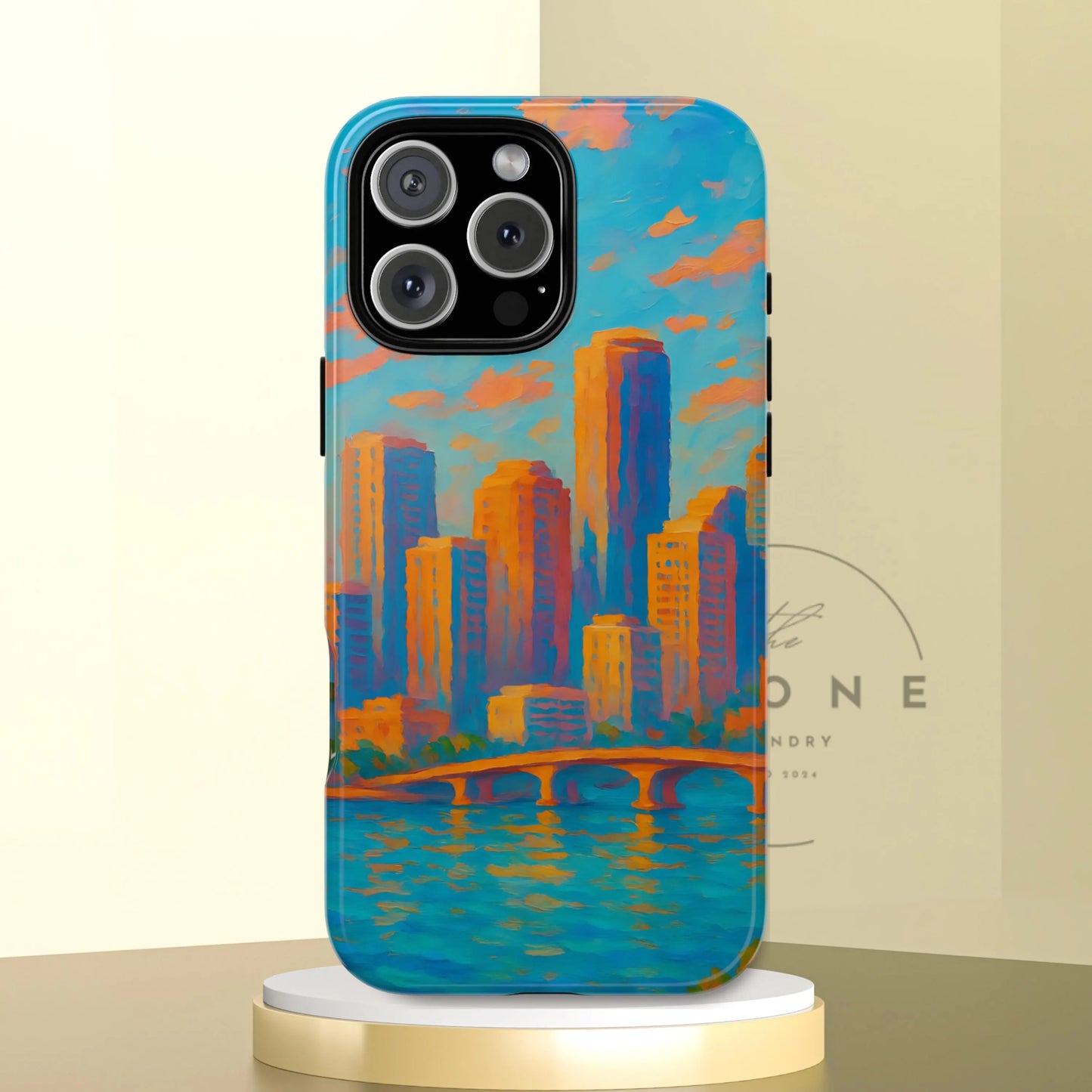 Cityscape Tough Phone Case, Miami Skyline Phone Cover, Sunset Glow Design Compatible with iPhone, Galaxy & Google