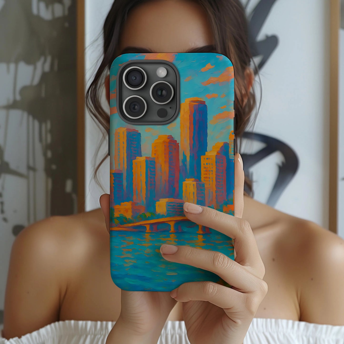 Cityscape Tough Phone Case, Miami Skyline Phone Cover, Sunset Glow Design Compatible with iPhone, Galaxy & Google