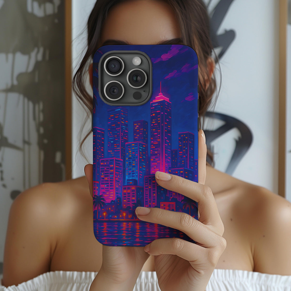 Cityscape Tough Phone Case, Miami Skyline Phone Cover, Neon Night Design Compatible with iPhone, Galaxy & Google