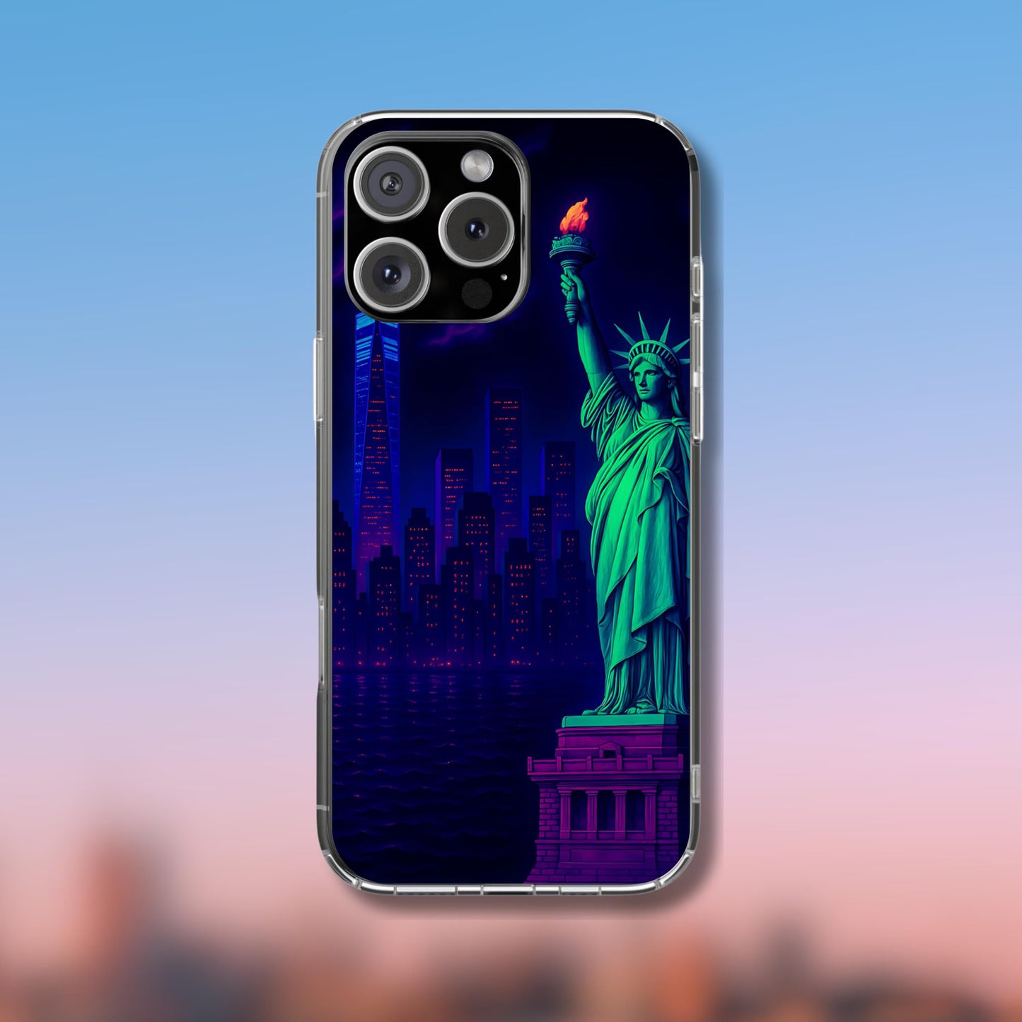 Cityscape Tough Phone Case, New York City Skyline Phone Cover, Neon Night Design Compatible with iPhone, Galaxy & Google
