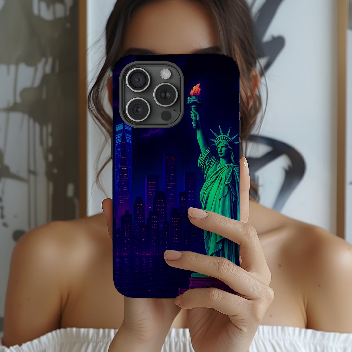 Cityscape Tough Phone Case, New York City Skyline Phone Cover, Neon Night Design Compatible with iPhone, Galaxy & Google