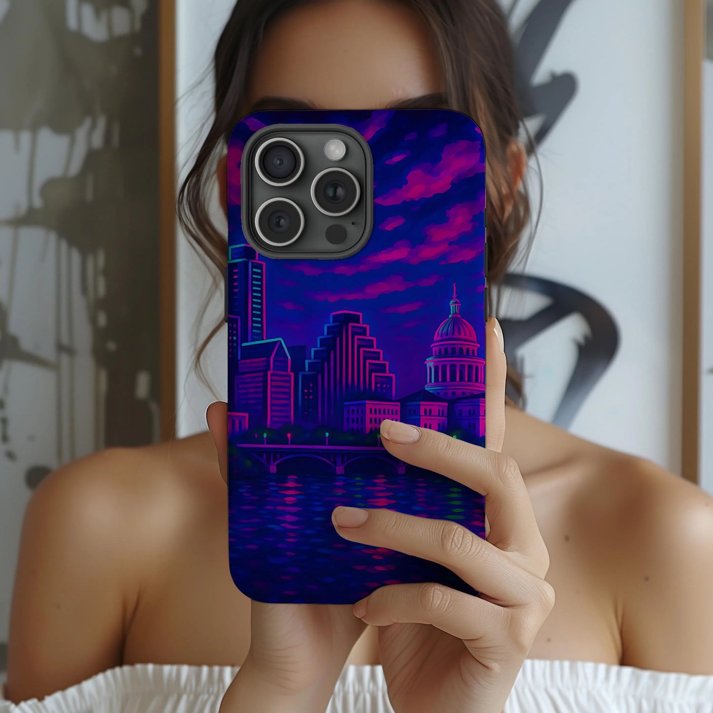Cityscape Tough Phone Case, Austin Texas Skyline Phone Cover, Neon Night Design Compatible with iPhone, Galaxy & Google