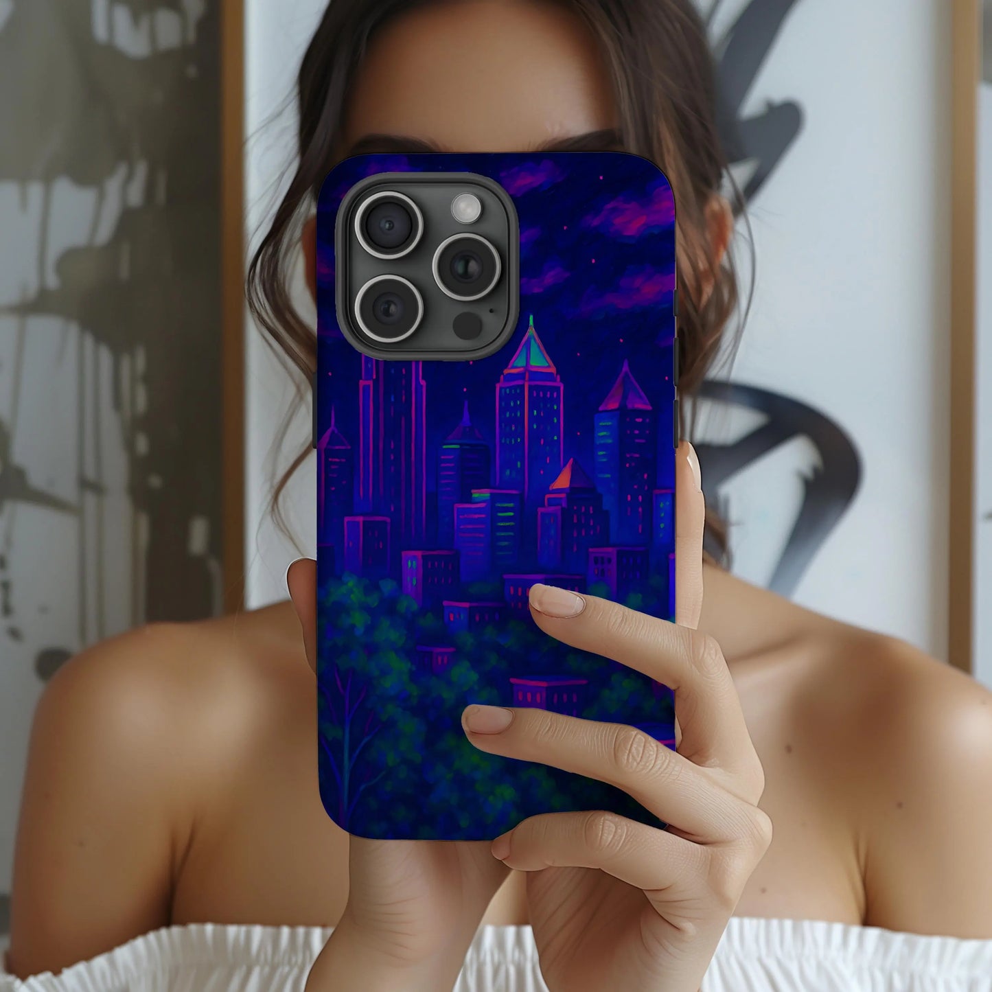 Cityscape Tough Phone Case, Atlanta Skyline Phone Cover, Neon Night Design Compatible with iPhone, Galaxy & Google