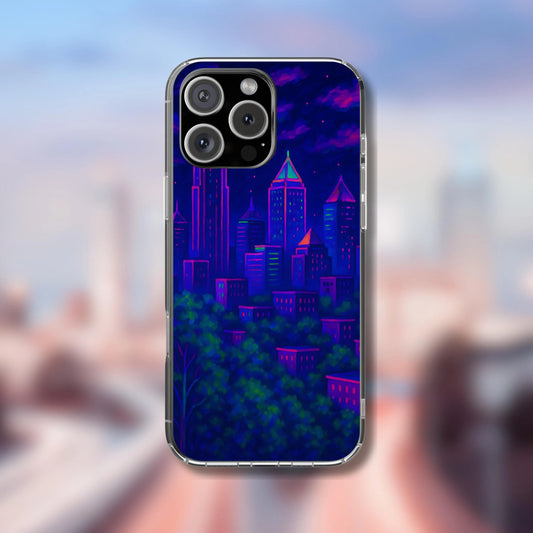 Cityscape Tough Phone Case, Atlanta Skyline Phone Cover, Neon Night Design Compatible with iPhone, Galaxy & Google