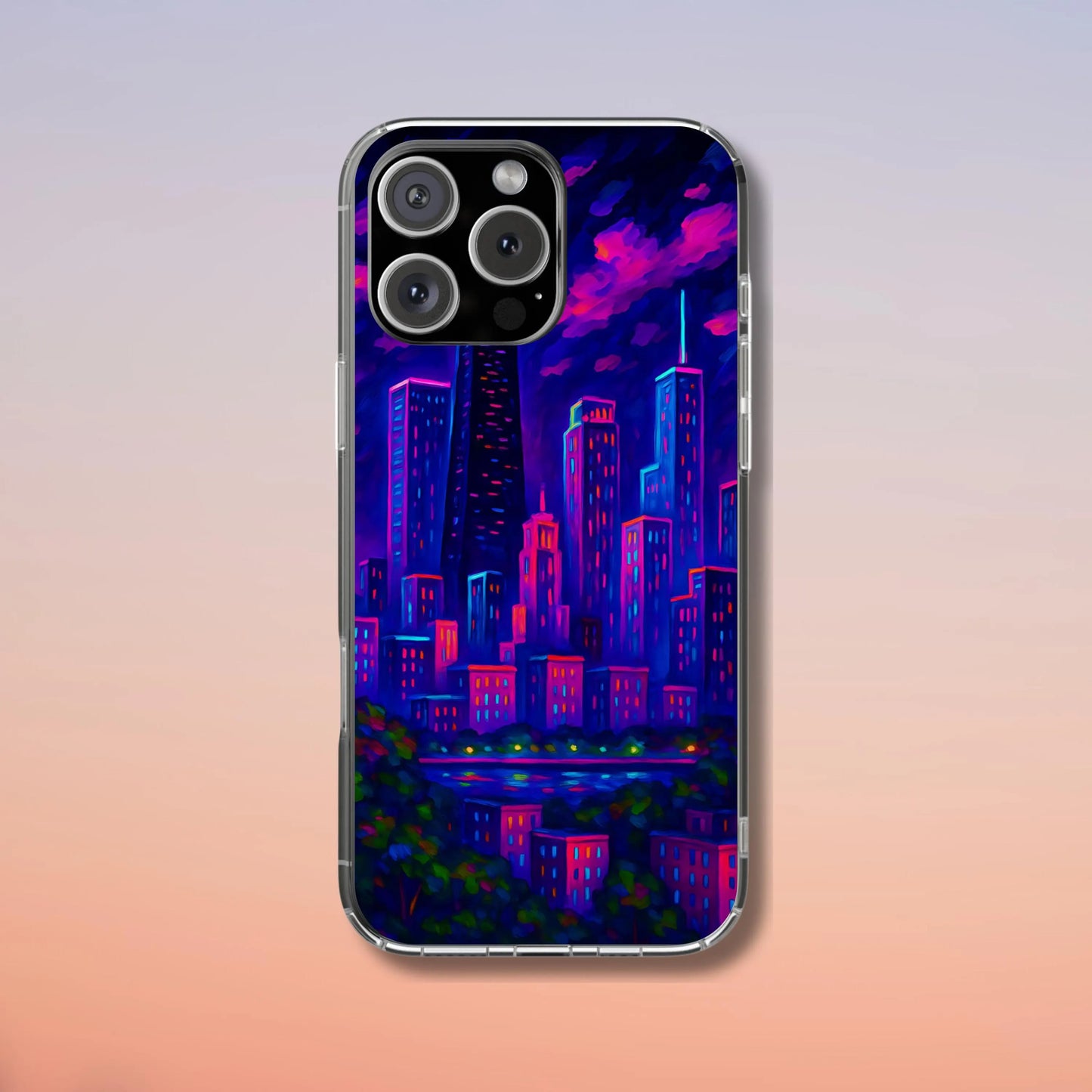 Cityscape Tough Phone Case, Chicago Skyline Phone Cover, Neon Night Design Compatible with iPhone, Galaxy & Google