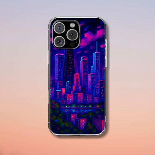 Cityscape Tough Phone Case, Chicago Skyline Phone Cover, Neon Night Design Compatible with iPhone, Galaxy & Google