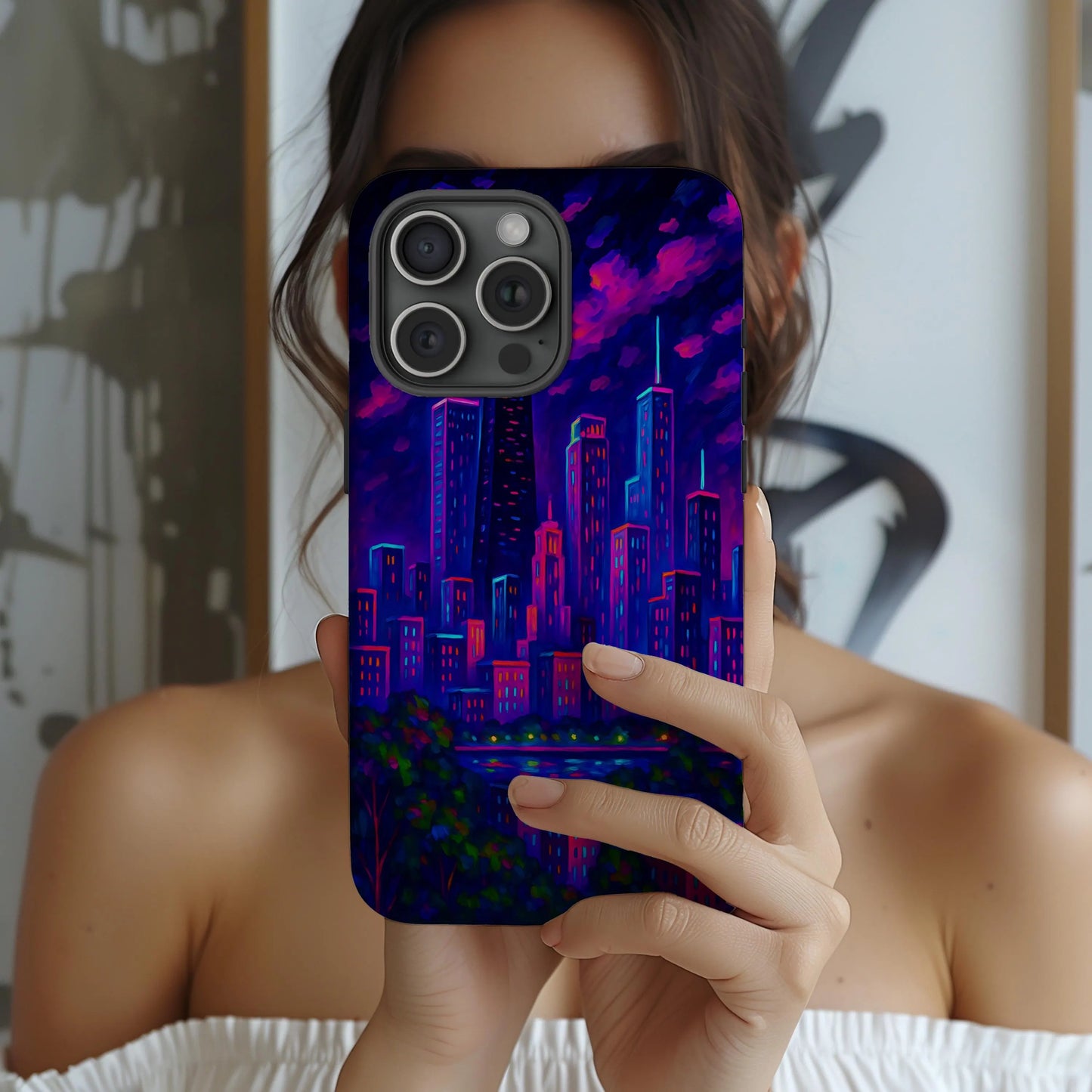 Cityscape Tough Phone Case, Chicago Skyline Phone Cover, Neon Night Design Compatible with iPhone, Galaxy & Google