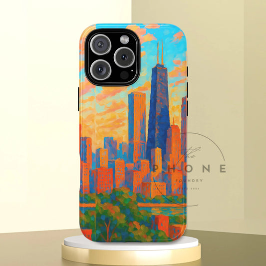 Cityscape Tough Phone Case, Chicago Skyline Phone Cover, Sunset Glow Design Compatible with iPhone, Galaxy & Google