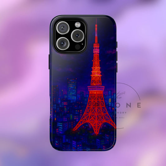 Cityscape Tough Phone Case, Tokyo Skyline Phone Cover, Neon Night Design Compatible with iPhone, Galaxy & Google