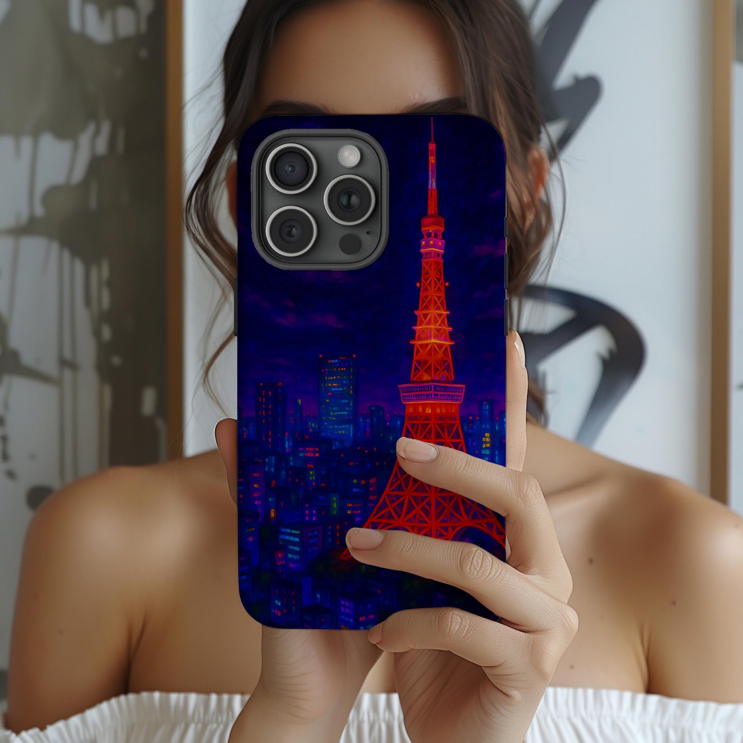 Cityscape Tough Phone Case, Tokyo Skyline Phone Cover, Neon Night Design Compatible with iPhone, Galaxy & Google