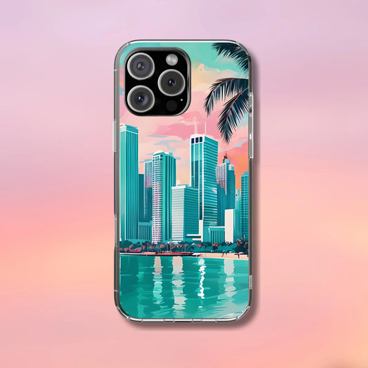 Cityscape Tough Phone Case, Miami Skyline Phone Cover, Watercolor Design Compatible with iPhone, Galaxy & Google