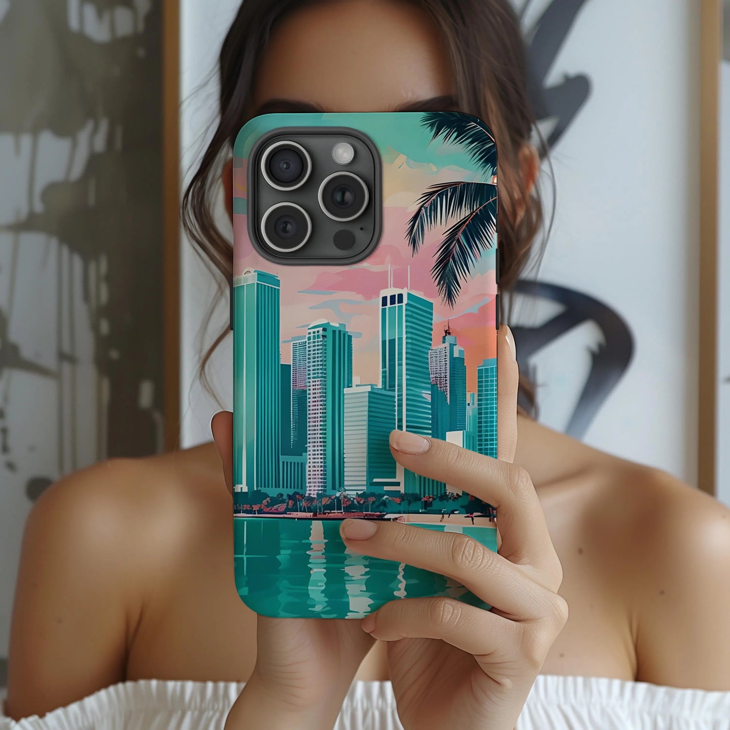 Cityscape Tough Phone Case, Miami Skyline Phone Cover, Watercolor Design Compatible with iPhone, Galaxy & Google