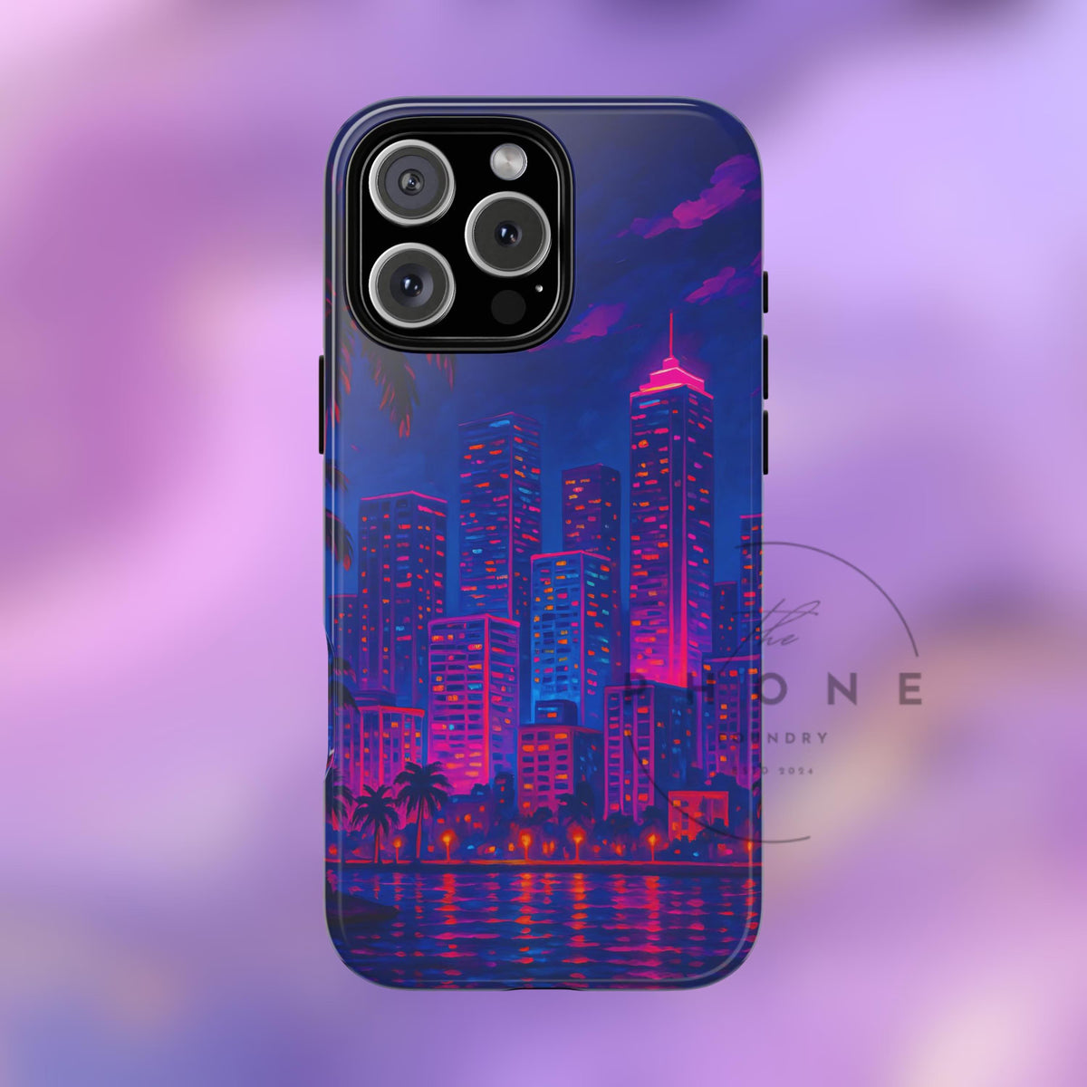 Cityscape Tough Phone Case, Miami Skyline Phone Cover, Neon Night Design Compatible with iPhone, Galaxy & Google