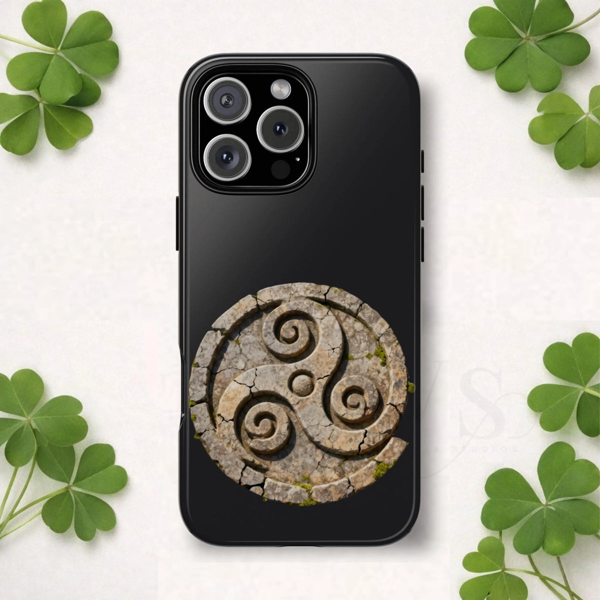 Stone Triskelion Tough Phone Case Ancient Celtic Spiral Irish Symbol Compatible with iPhone 17 16 15 14 13 Galaxy Google